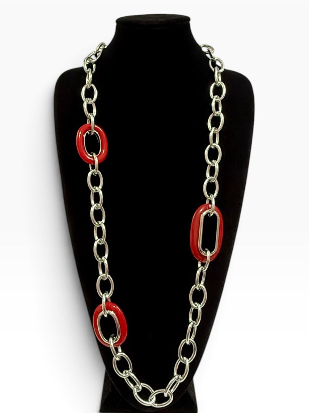 Chico’s Long Silver Red Chunky Link Necklace NWT